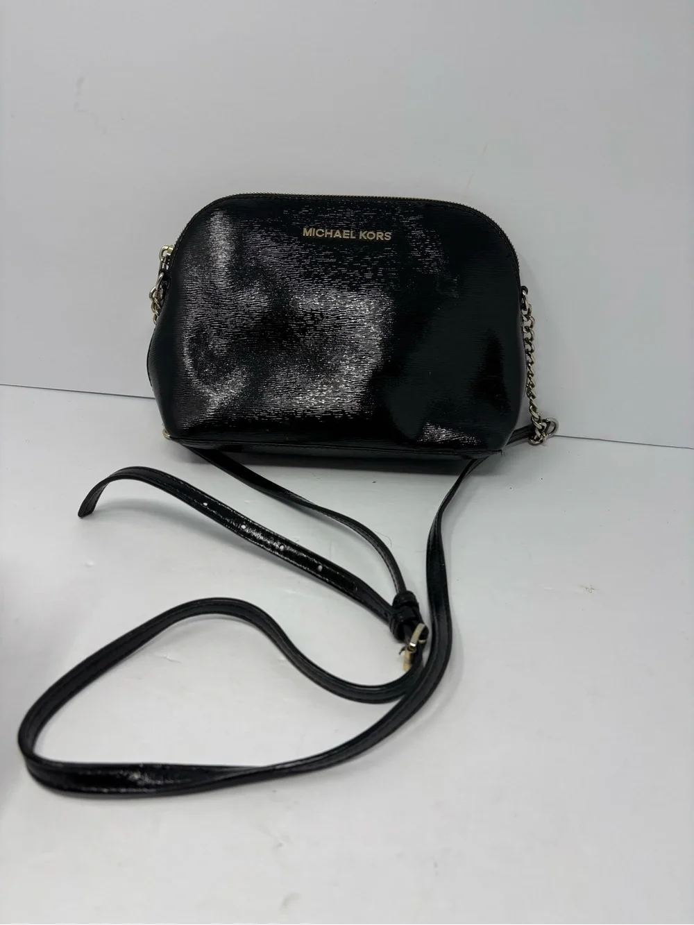 Michael Kors Black Patent Leather Crossbody with Chain Accent